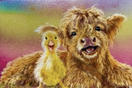 Highland cow and duckling artwork from the artist’s reference