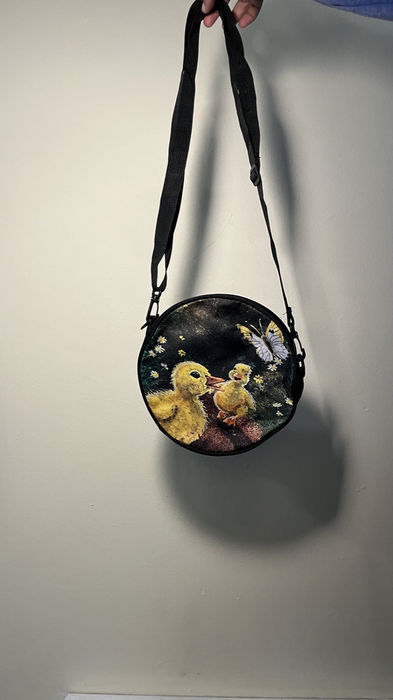 Duckies Playing With Butterfly — Round crossbody bag, photographed by the artist