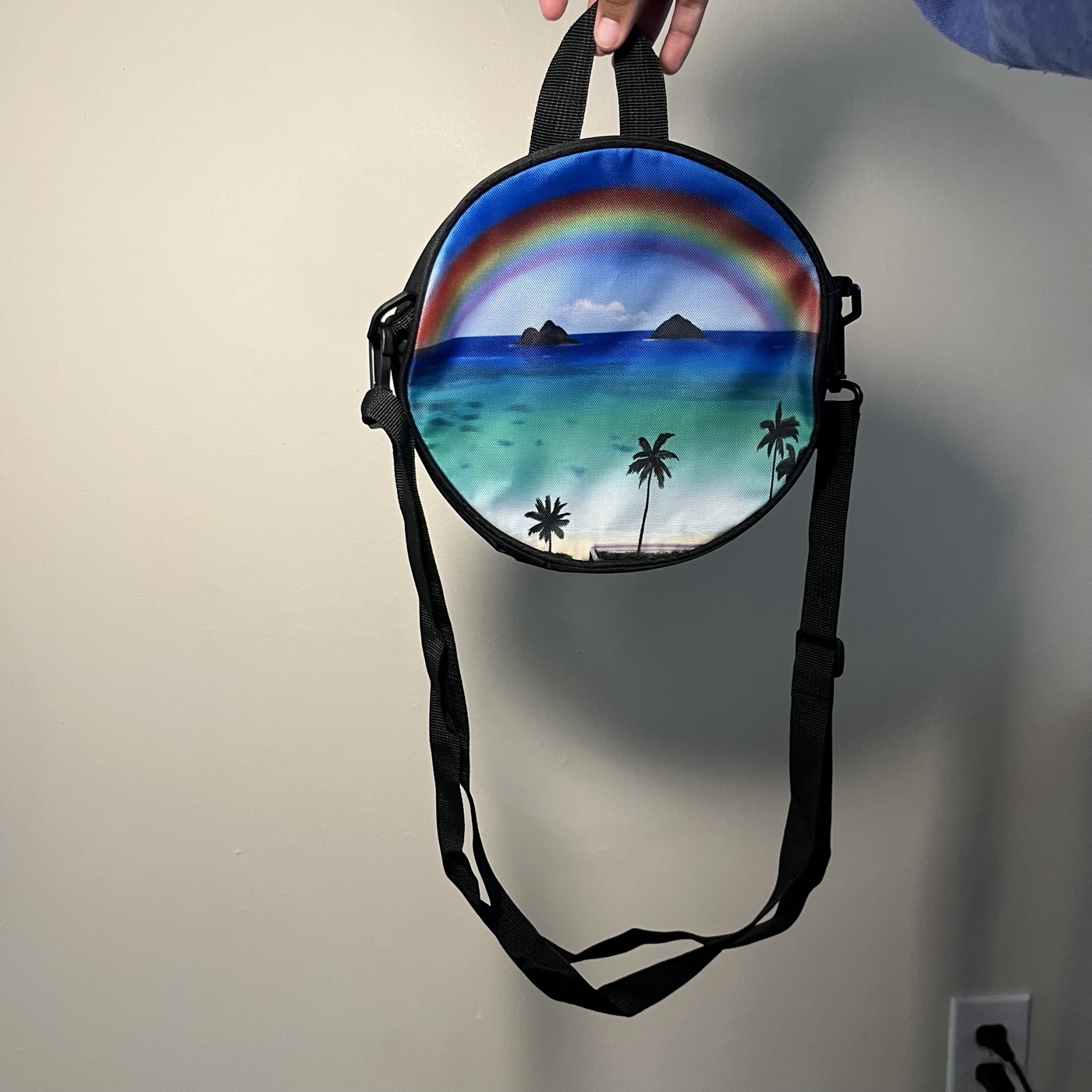 Hawaii Beach With Rainbow — Round crossbody bag, photographed by the artist