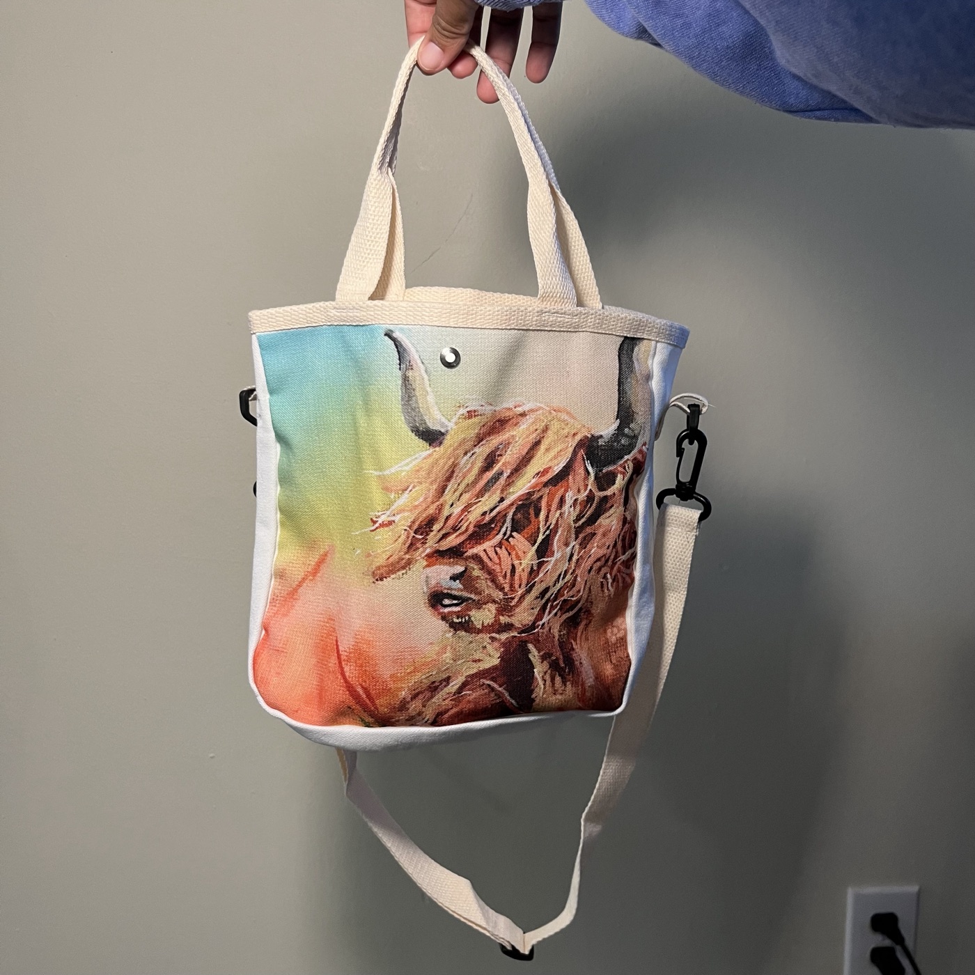 Highland Cow Hair Blowing In Wind — Handbag, photographed by the artist