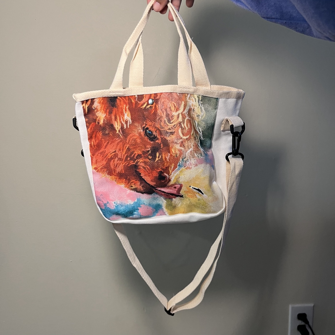 Highland Cow Kissing Ducky — Handbag, photographed by the artist