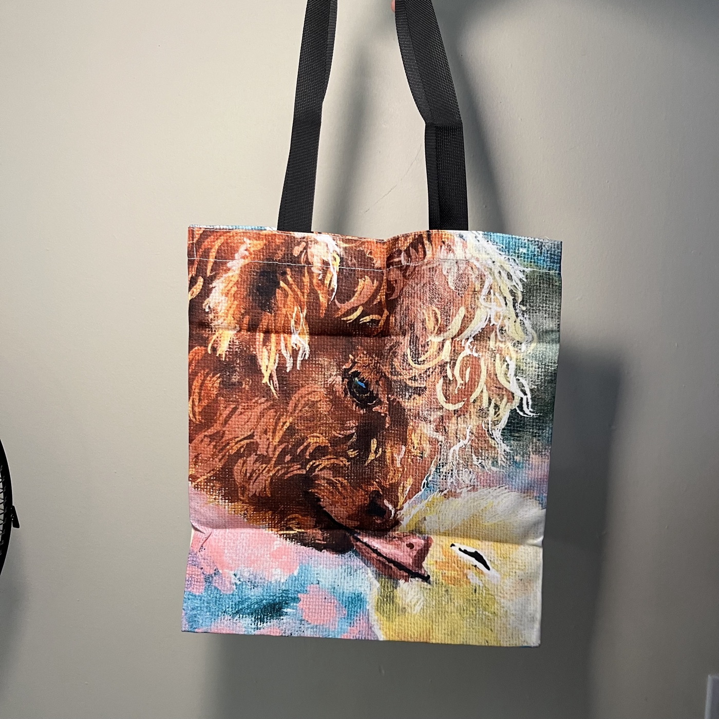 Highland Cow Kissing Ducky — Tote bag, photographed by the artist