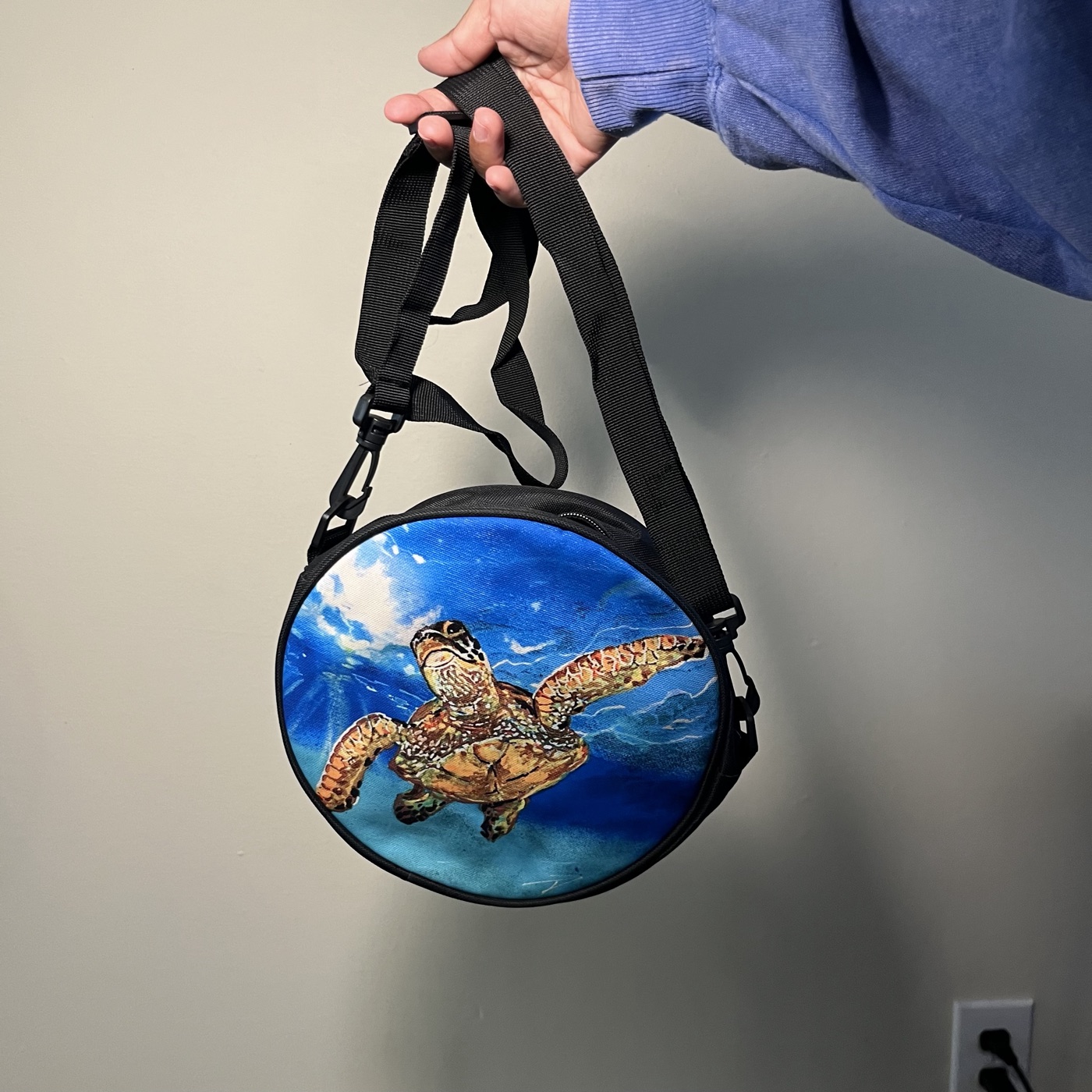 Honu (Turtle) Underwater — Round crossbody bag, photographed by the artist